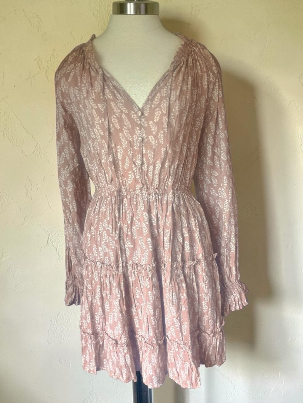 Light Brown Femi Western Prairie Boho Tiered Long Sleeve Mini Dress